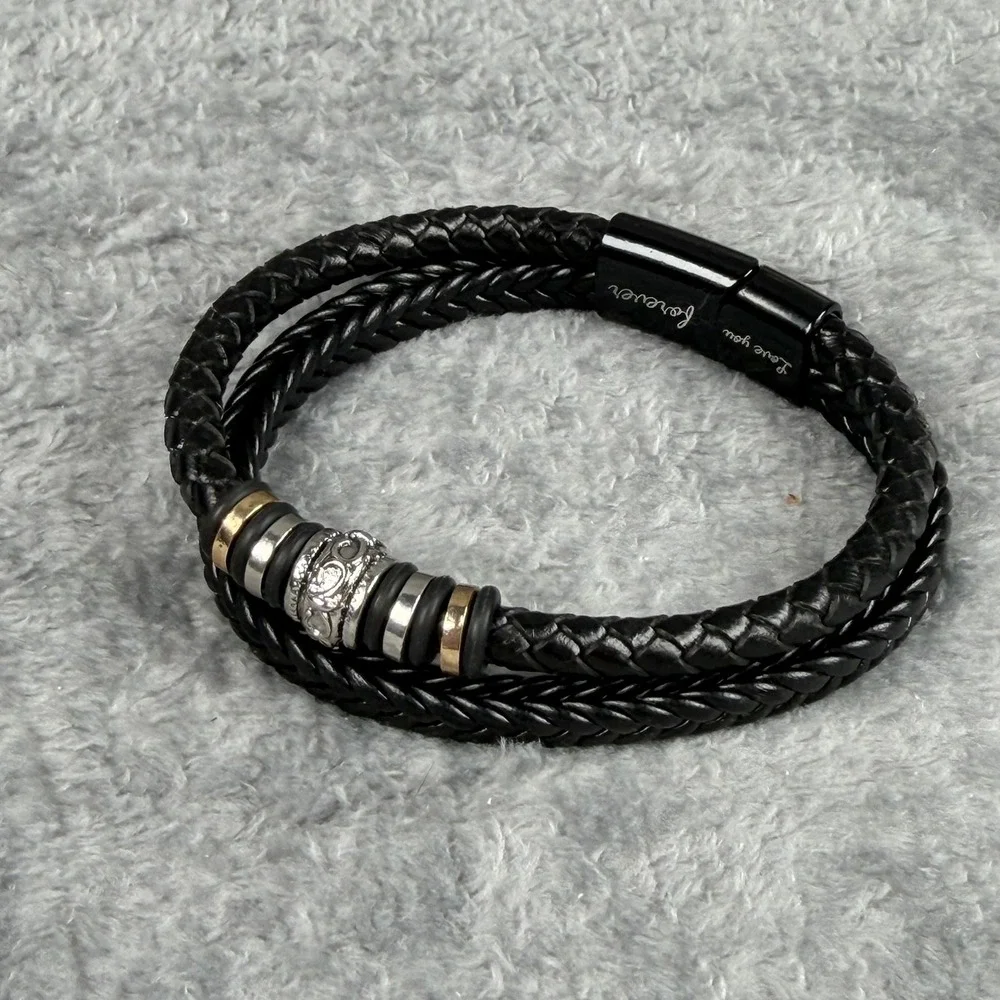 Mens Braided Black‎ Leather Bracelet Love You Forever Magnetic Clasp Two Tone